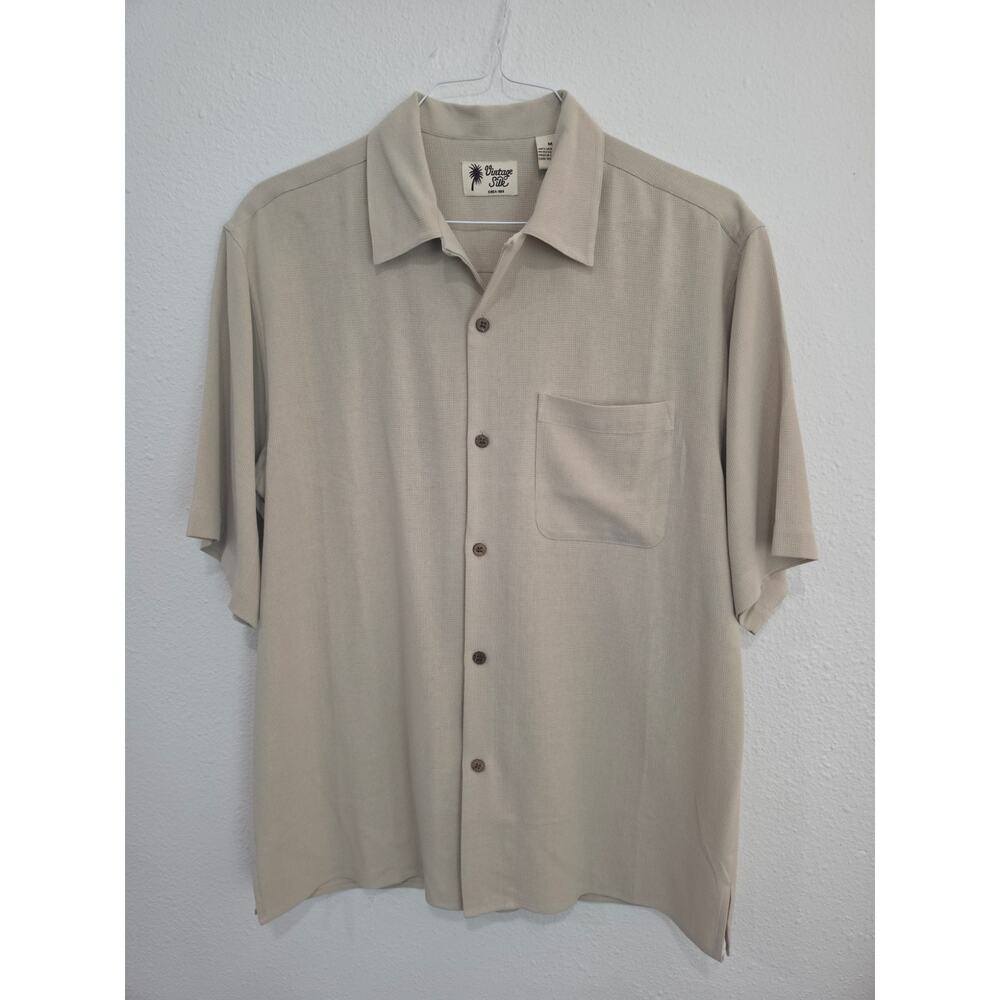 Vintage Silk Circa 1969 Men M Silk Camp Shirt Beige Sand Waffle Knit Resort SS - Picture 2 of 6